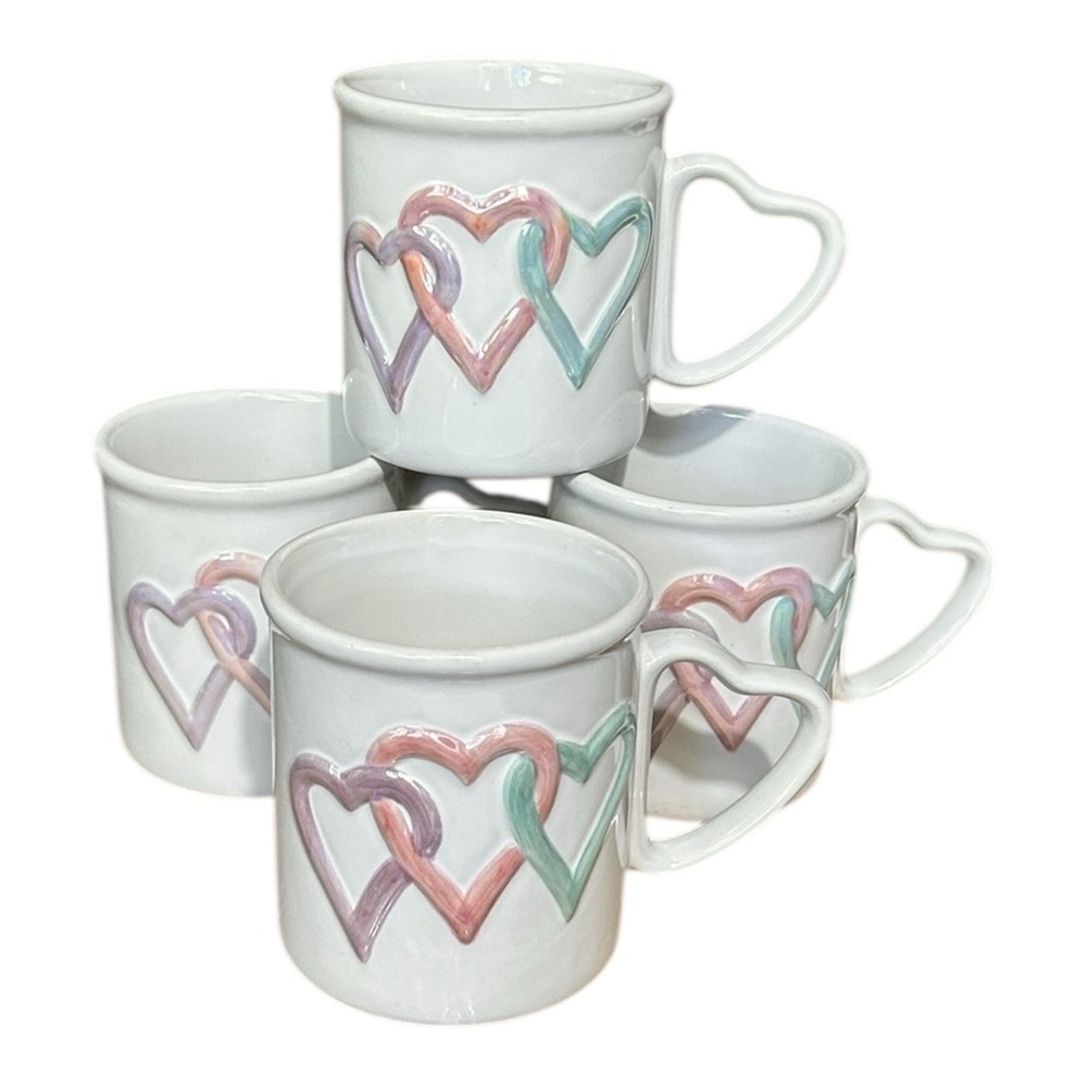 Vintage MARY KAY Set 4 Heart Handle Coffee Mugs Iridescent Trio Hearts Ceramic